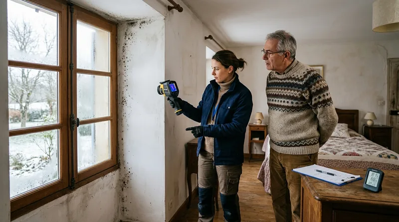 Spécialiste mesurant l'humidité d'un mur dans le Orne